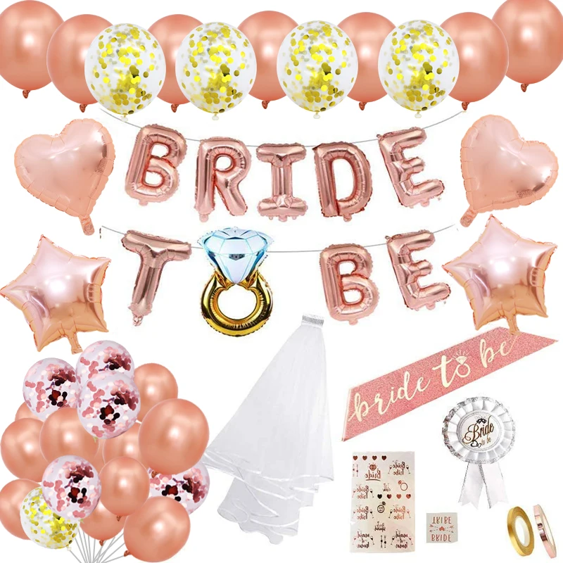 

30pcs/Set Rose Gold Bride To Be Decoration Party Balloon Team Bride Tattoo Sticker Veil Satin Sash Badge Hen Party Accessories