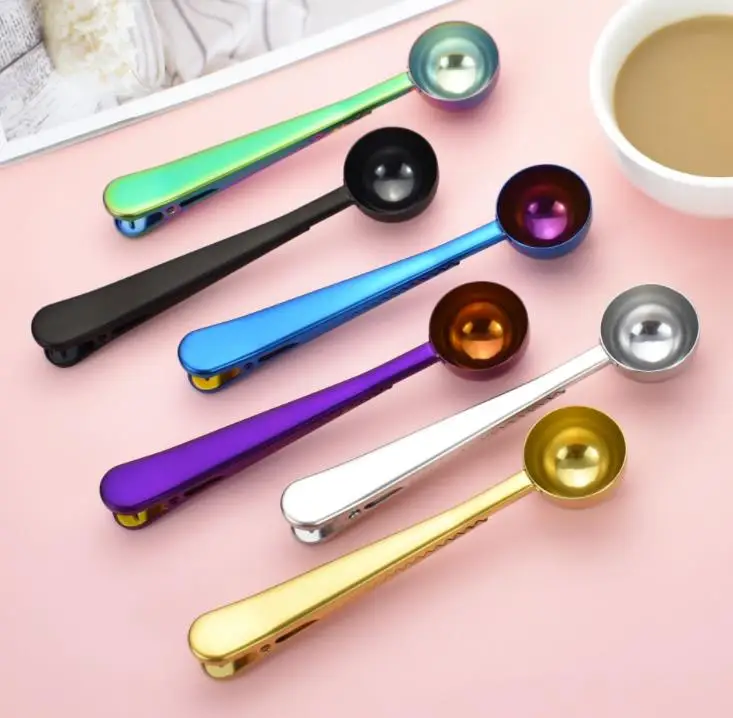 

200pcs Stainless Steel Coffee Measuring Spoon With Bag Clip Multifunction Jelly Ice Cream Fruit Scoop Spoon Kitchen Tools SN934