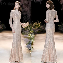 It's Yiiya Evening Dress Long Sleeve Robe De Soiree K021 Elegant V-neck Formal Gowns For Women Gold Sequins Evening Dresses