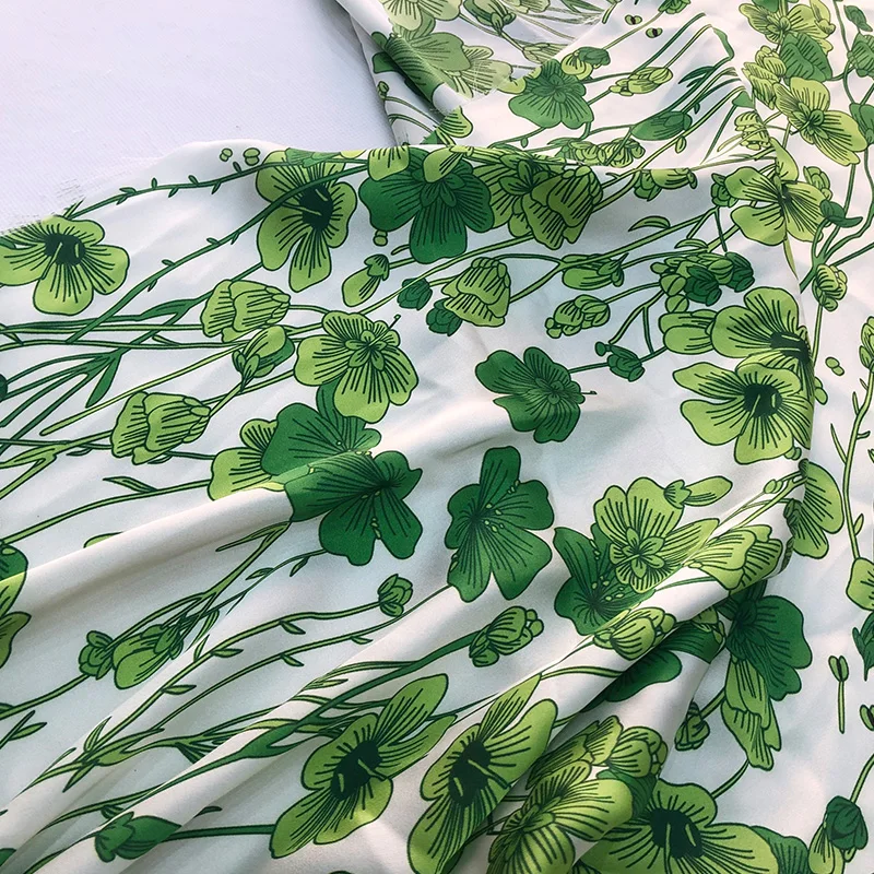 Spring and Summer 2021 New European and American Green Lucky Grass Non- Elastic Satin Clothing Advanced Custom Printed Fabric