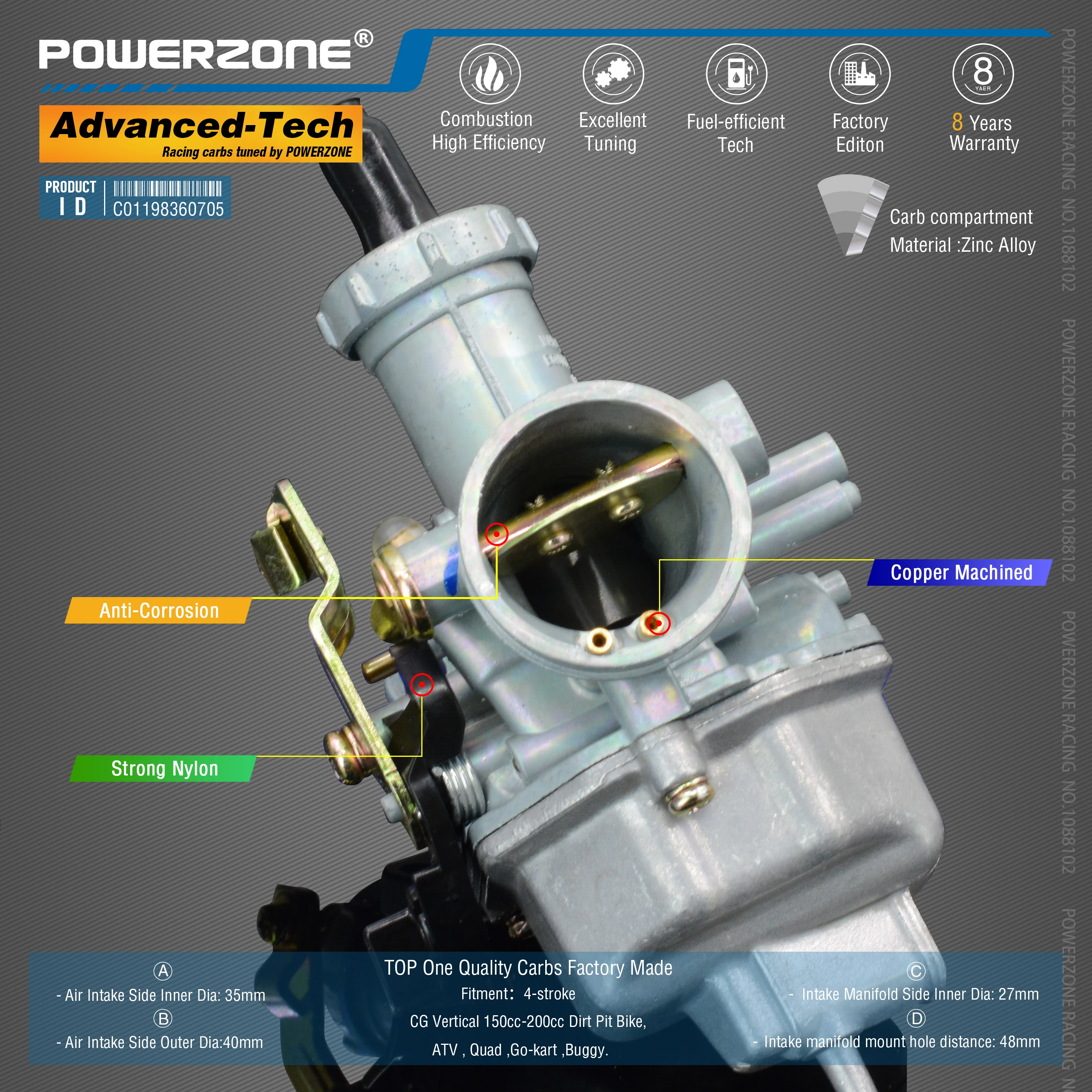 Powerzone  Carburetor PZ27 27mm  CVK  Accelerator Pump Carb For CG Vertical 150cc-200cc Dirt Pit Bike,ATV , Quad ,Go-kart ,Buggy