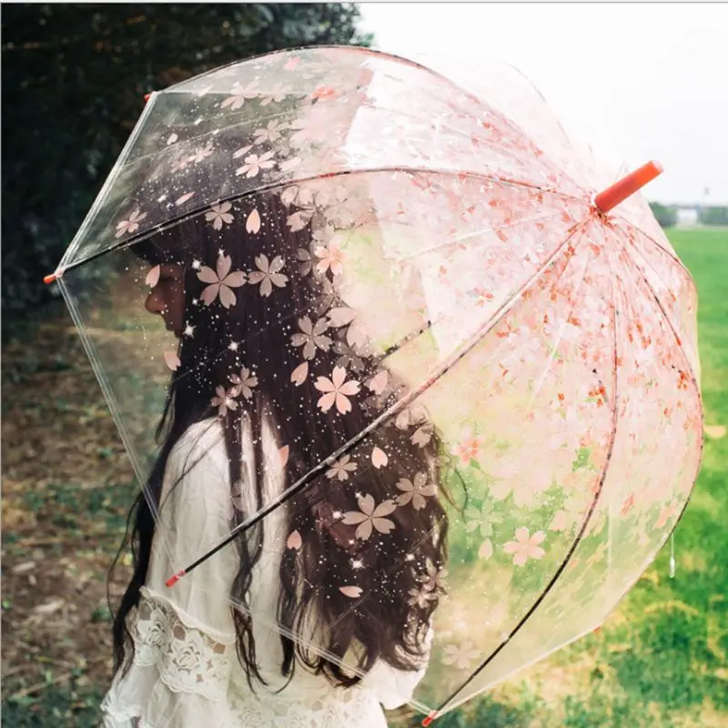 Romantic Transparent Clear Flowers Bubble Dome Umbrella Half Automatic For Wind Heavy Rain