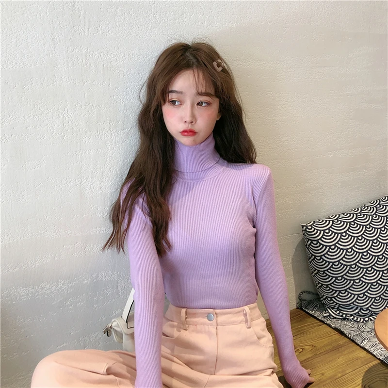 Zoki Turtleneck Women Knitted Pullovers Sweater Fashion Spring Autumn Jumper Basic Tops Casual Slim Long Sleeve Ladies Sweater