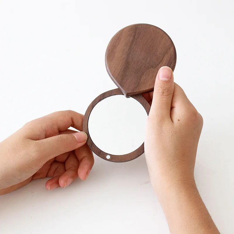 Wooden Mirror Round Foldable Mirrors Japanese Style Portable Walnut Small Mirror Make Up Outdoor