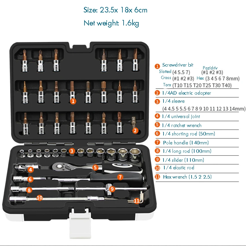 Steckschlüssel-Ratschenschlüssel-Kit mit Kunststoff-Aufbewahrung koffer, Autoreparatur-Werkzeug kombination, gemischtes Handwerkzeug-Set, 46 teile/satz, 1/4 Zoll