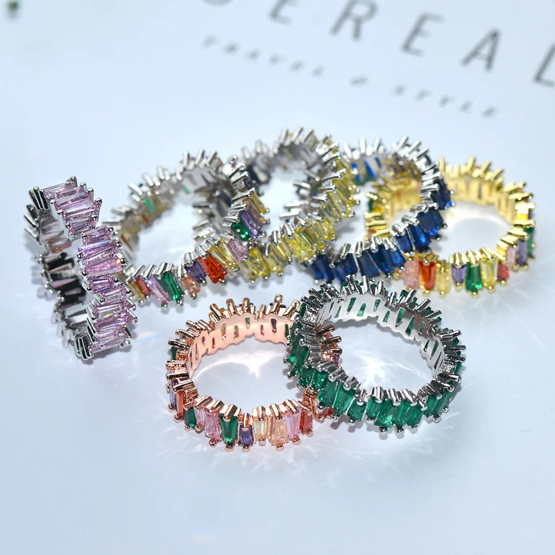 Hot sale T Shape colorful zircon Stone Ring Luxury Baguette AAA Cubic Zircon Bridal Ring Charms For Women Wedding Finger Jewelry