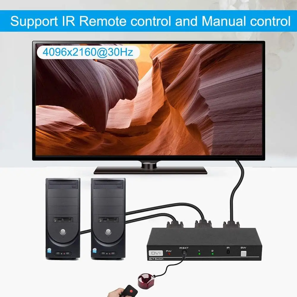 DVI Switch 2 in 1 Out 4K DVI 2 Port Switcher with IR Remote Control DVI 2x1 Support 4096x2160@30Hz DVI Selector for PC Laptop