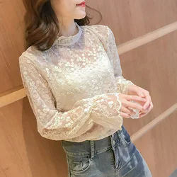 Gauze Lace Hook Flower Hollow Blouse Women's Clothing Elegant Vintage Fleece Loose Pullovers Half High Collar Flare Sleeve Shirt