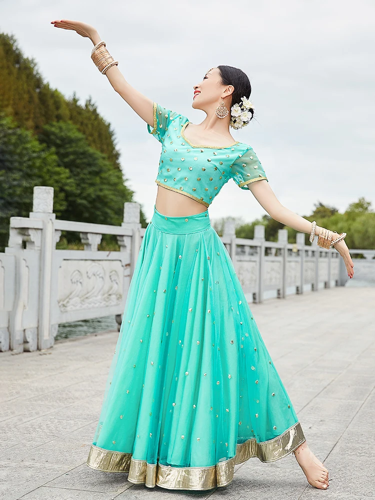 Indian Dance Costume For Women Adult Green/Pink Saree Suit Oriental Dance Stage Performance Clothing Belly Dance Dress DQL6332