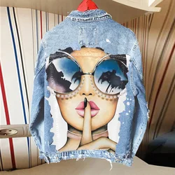 Casual Denim Jacket for Women, City Girl Personality Printing, Autumn and Winter, Hot Sale, Foreign Trade, New Coat, Wholesale