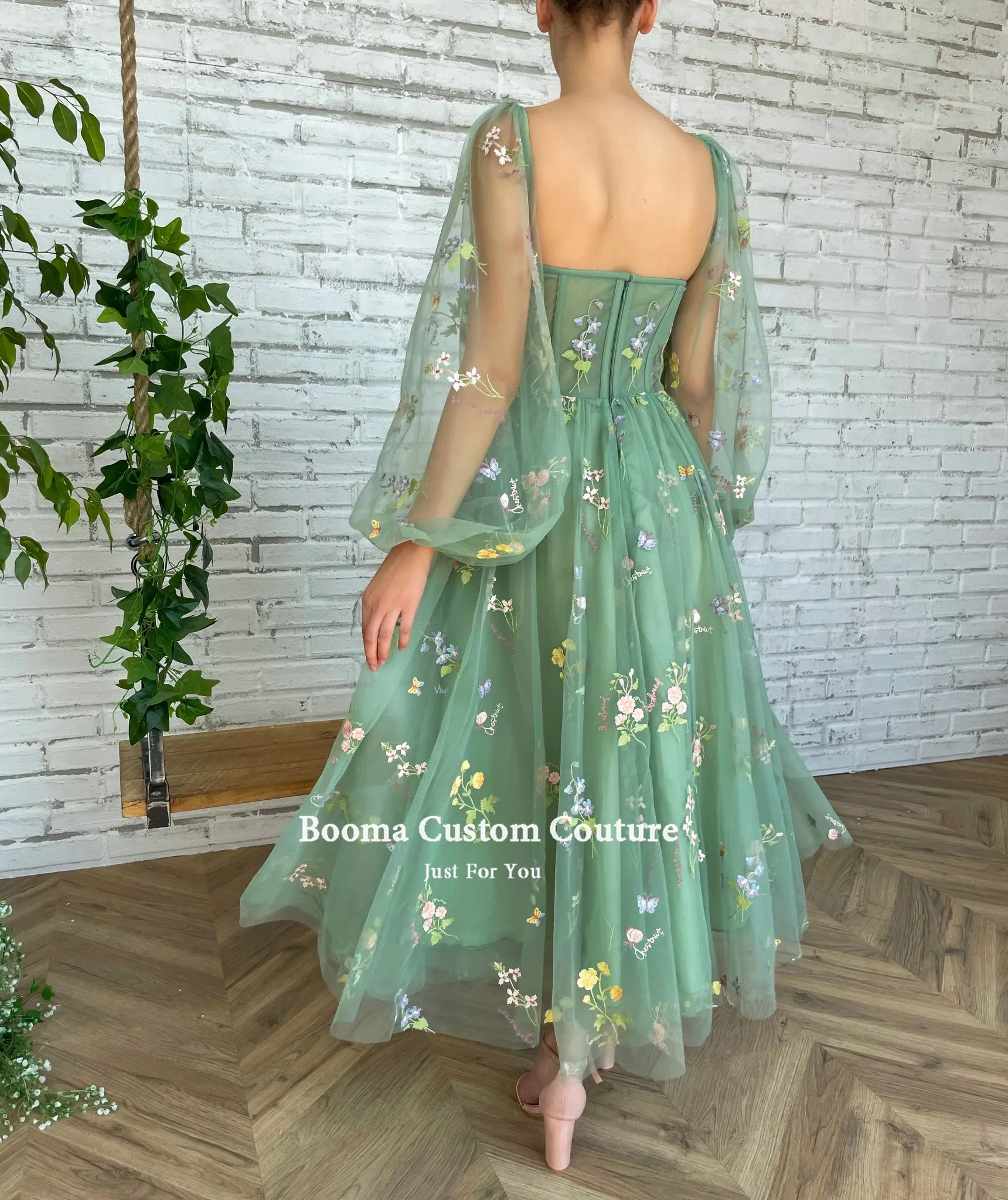 Booma Green Embroidery Lace Prom Dresses Long Sleeves Ankle-Length A-Line Wedding Party Gowns Open Back Tulle Formal Dresses