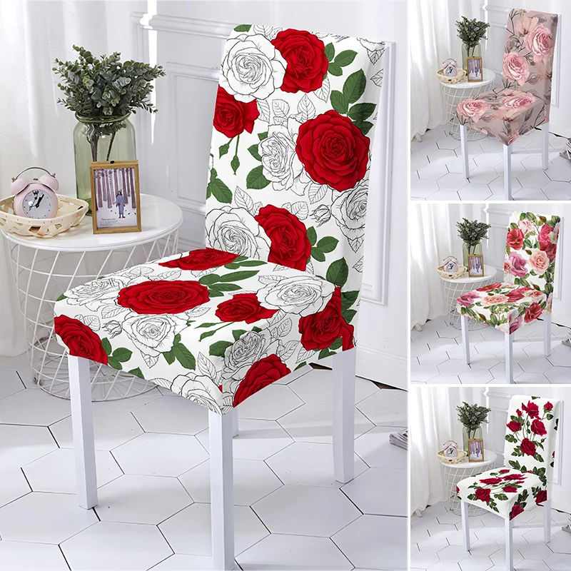 Rose Printed Stretch Chair Cover For Dining Room Office Banquet Chairs Protector Elastic Material Armless Seat Covers