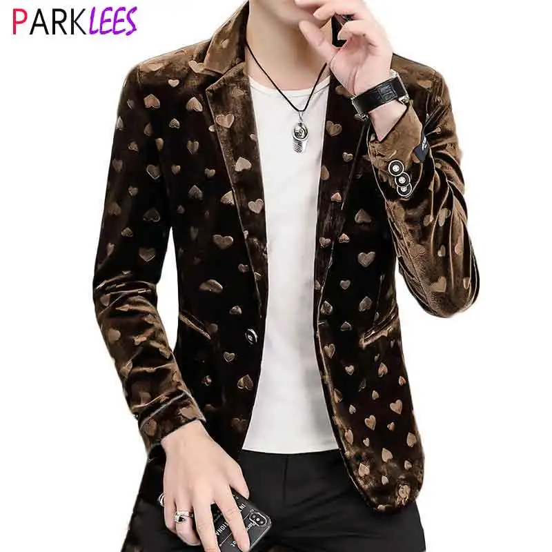 Stylish Heart Print Velvet Blazer Jacket Men 2021 Spring New Slim Fit One Button Blazers Male Casual Party Wedding Costume Homme