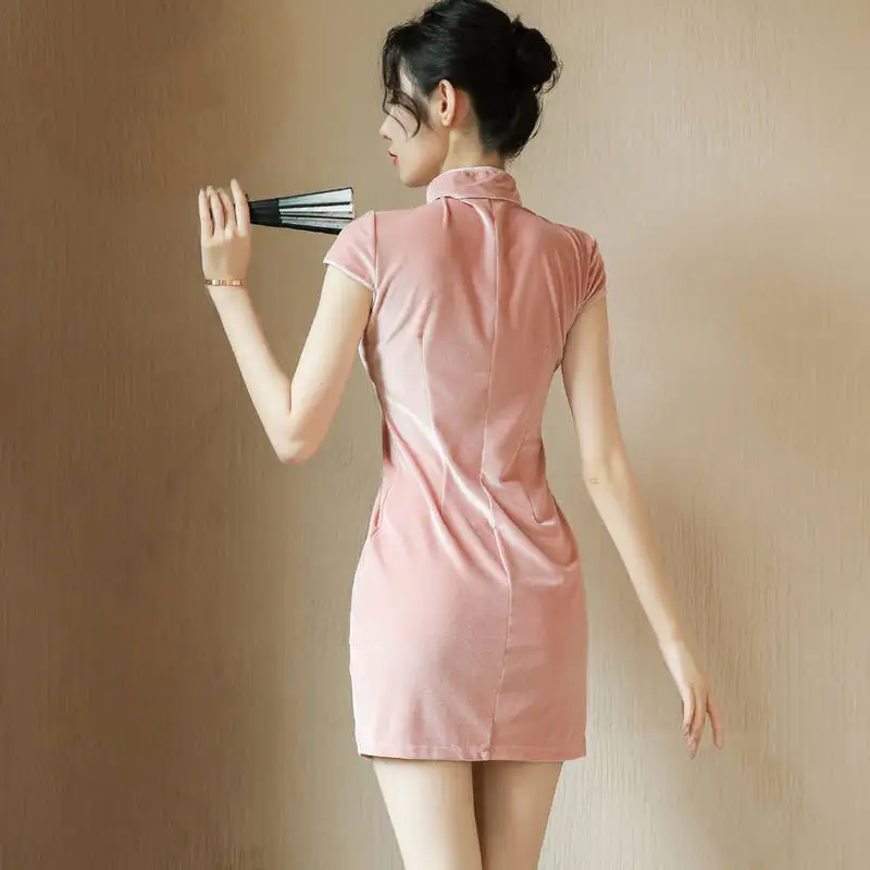 Fresh Girl Short-Sleeved Sexy Underwear Spring And Summer Dress t Split  Fashion Improved Temperament Slim Cheongsam Skirt