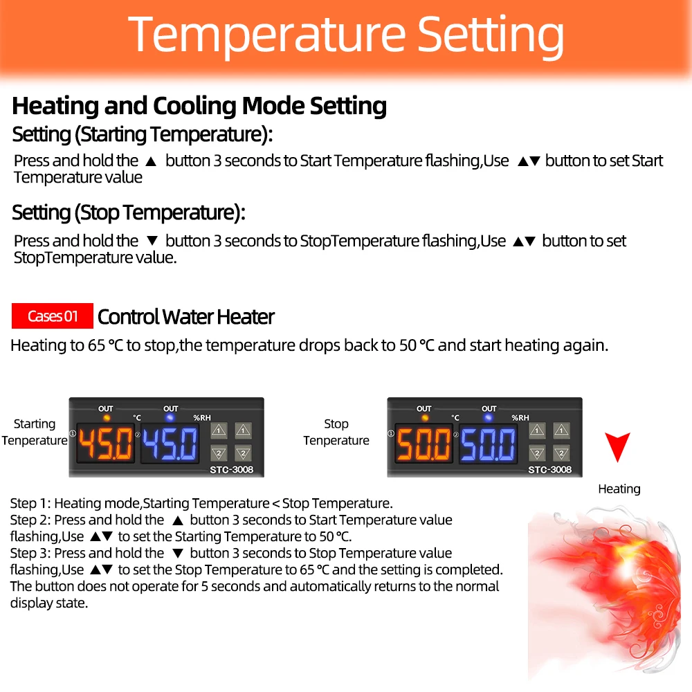 STC-3008 Digital Temperature Controller AC 110V 220V DC 12V 24V Dual Hygrometer Heating Cooling Two Relay Output AC Relay