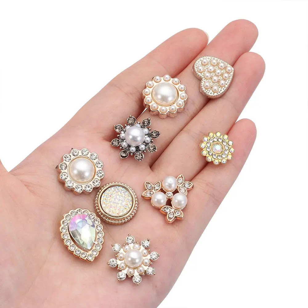 10PCS Sparkling Flower-shaped Hat Accessories Pearl Hairpins Headwear Accessories Pearl Button Rhinestone Buttons