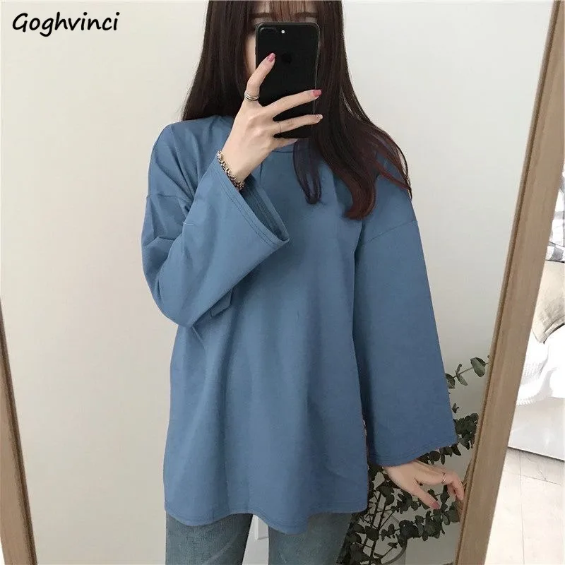 Long Sleeve T-shirts Women Solid Simple Chic Basic All-match XXL Harajuku  Tshirts Spring Tops Korean Style Tees Trendy Baggy BF