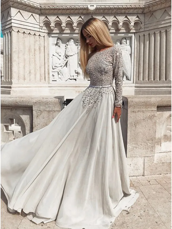 Robe de Soirée en Mousseline de Soie à Manches sulfet Perles Argentées pour Femme, Tenue Sexy à Dos aux, Nouvelle Collection 2024