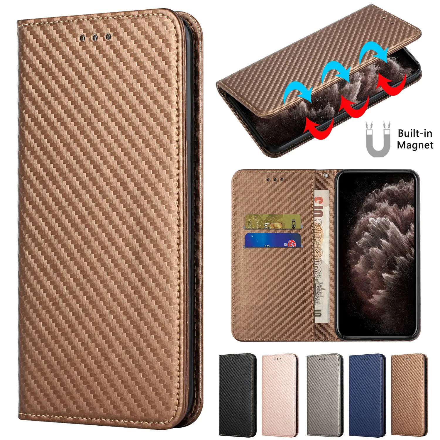 Luxury Carbon Fiber Phone Case For iPhone 6 7 8 SE 14 6S Plus 13 12 11 Pro X XS XR Max Mini Cover Wallet Card Slot Flip Leather