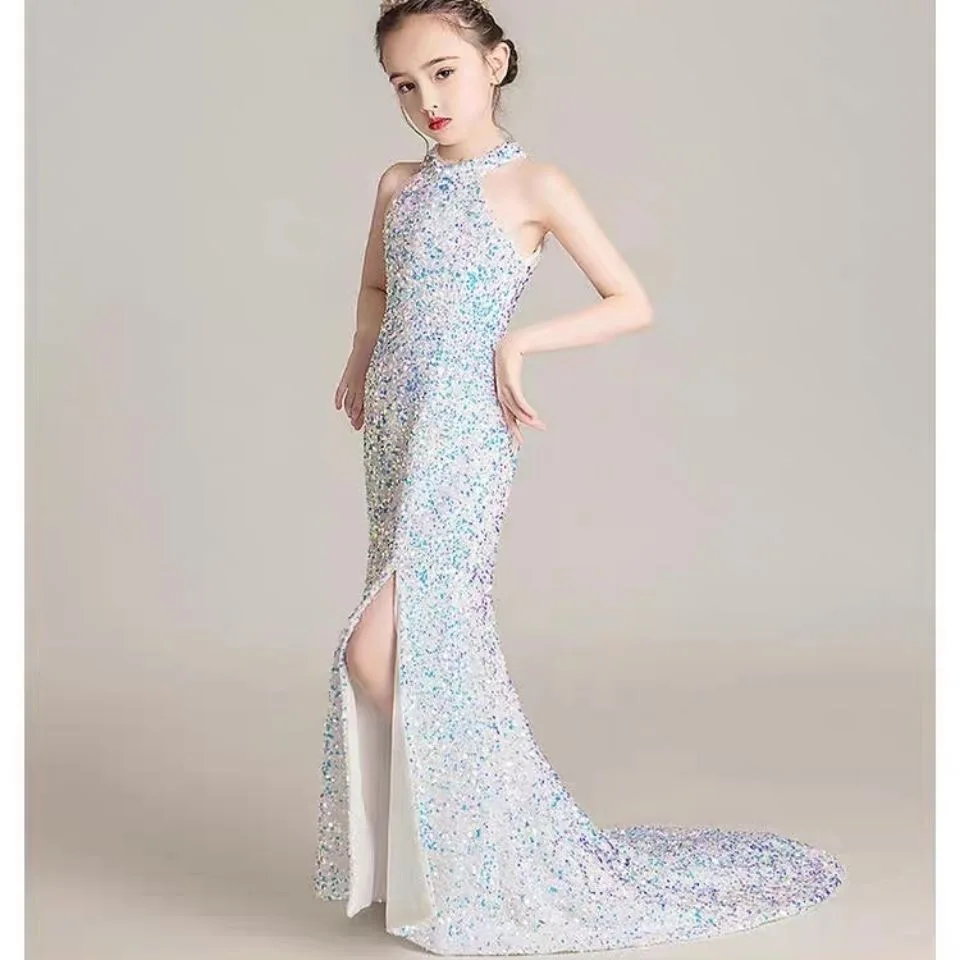 Sequin Kids Ball Gown Flower Girl Tailing Dresses Sleeveless Girl Princess Long Dresses for Kids Communion Wedding Party Clothes