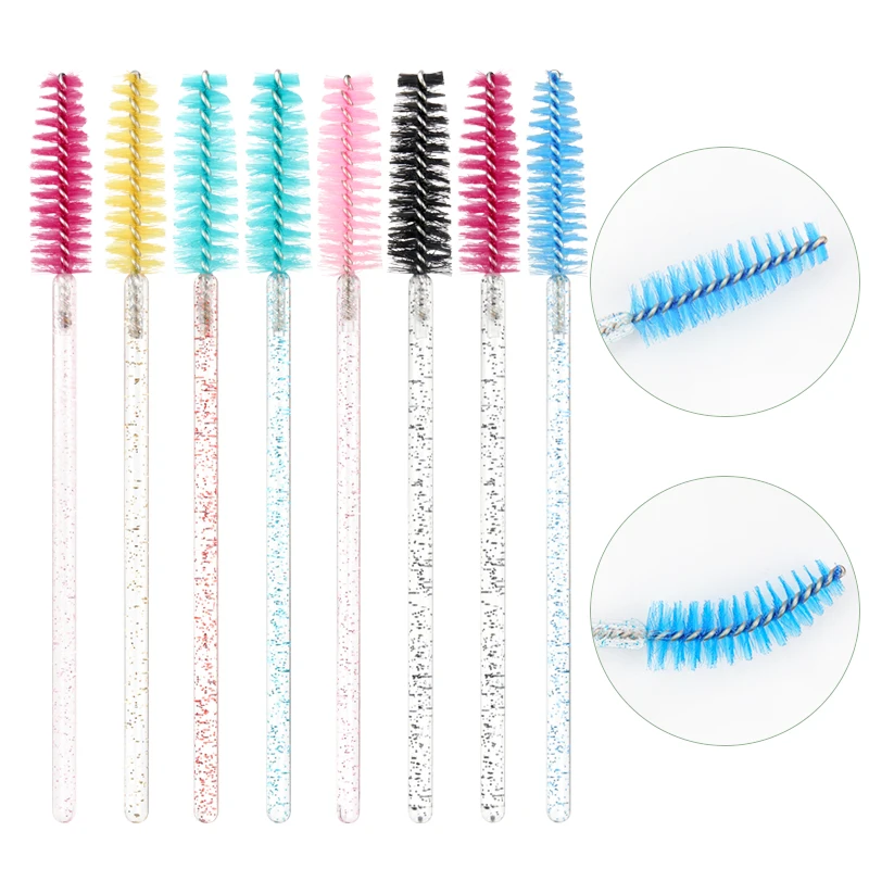 Brosse de maquillage pour extension de cils, peigne pour les yeux, microbrosse avec poignée en cristal, baguettes de mascara, outil de levage de cils, boîte de poulet, 100 pièces