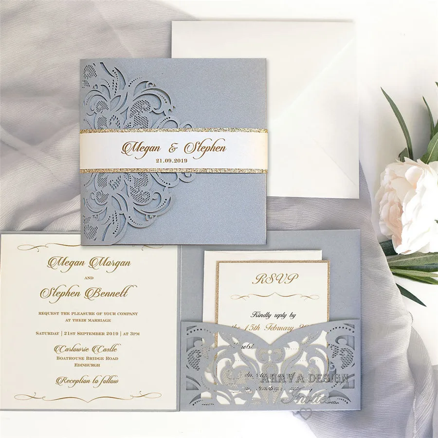 Romantic Silver Flower Glittery Laser Cut Pocket Wedding Invitation Kits With Belly Band And RSVP Card