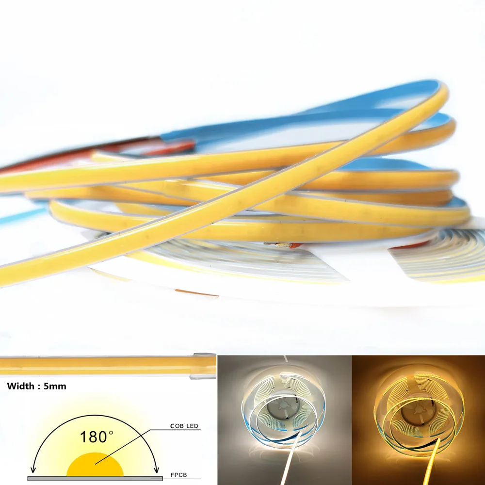 5mm COB LED Strip Light 12V 24V 384Leds/m RA90 High Density Narrow Width 3000K 4000K 6000K FOB Tape For Room Decoration Lighting