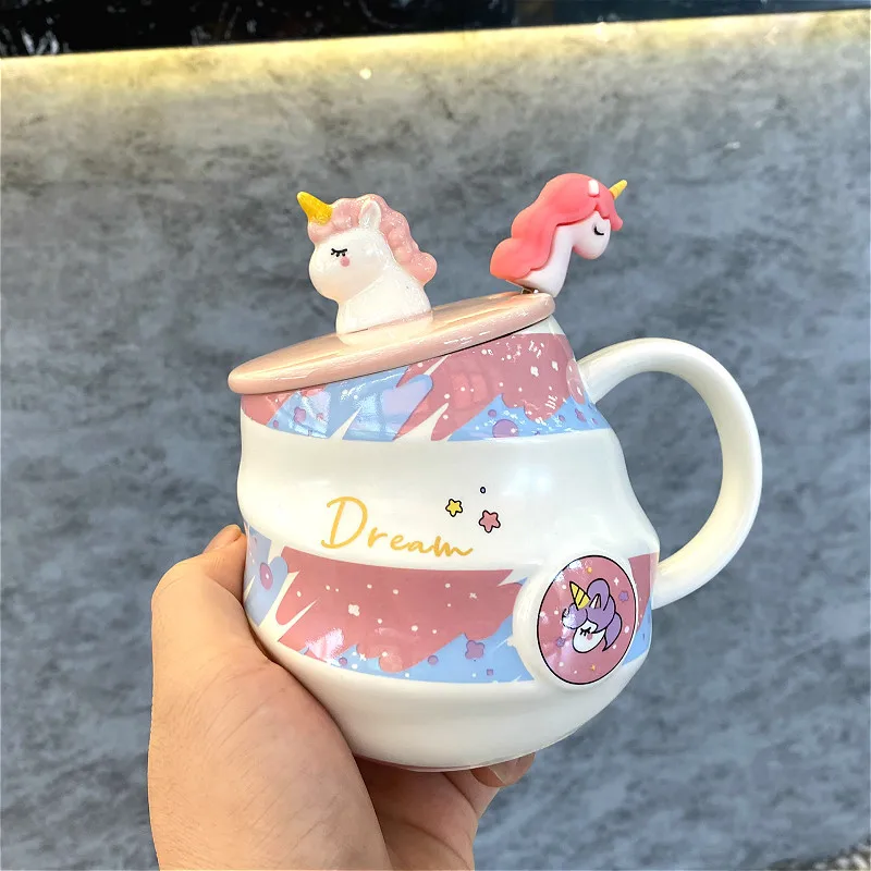 Cute 3D Unicorn Ceramic Mug With Lids Spoon Coffee Cups Lovely Mug Couple Creative Girl New Year Christmas Drinkware Gift