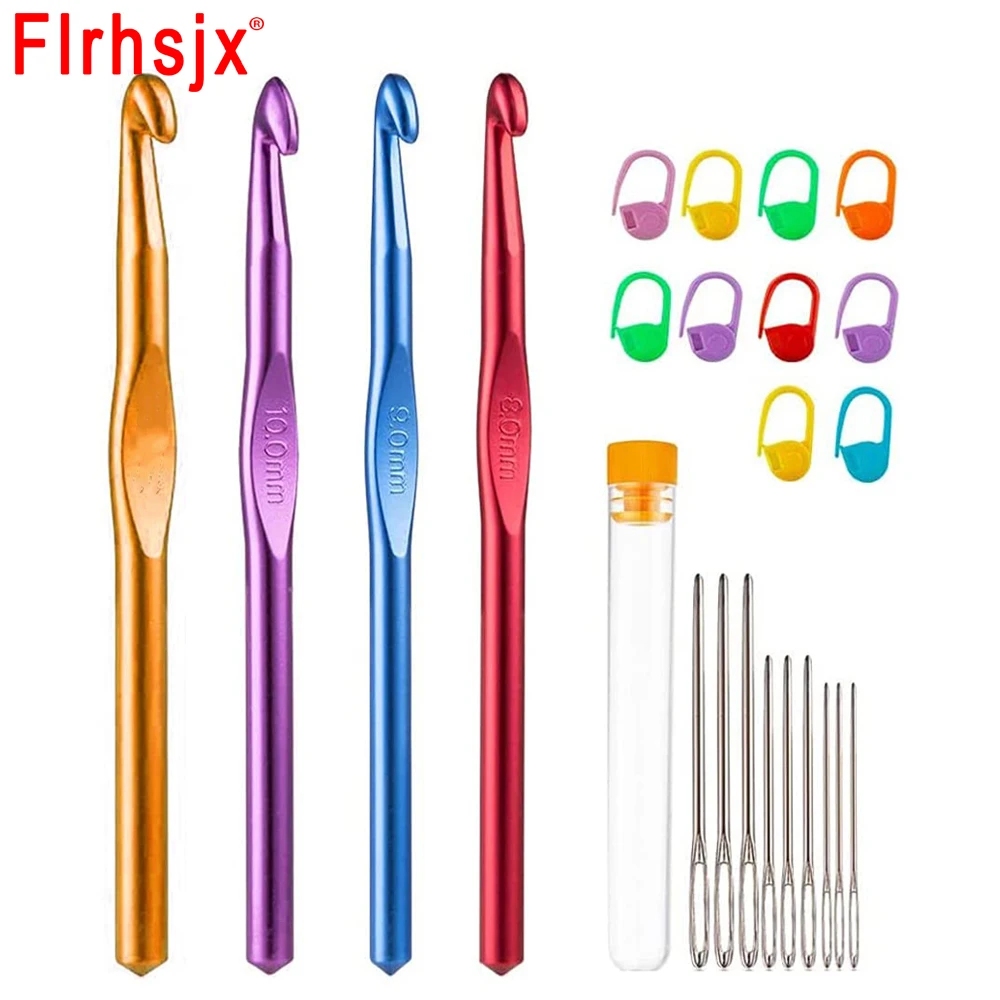 Aluminum Crochet Hook Set 7-10mm Knitting Needles Weave Needles with Large Eye Blunt Needles and Stitch Markers Knitting Craft