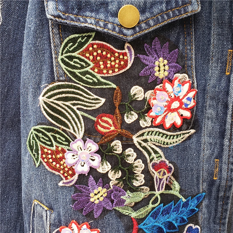 Harajuku Heavy work Flower embroidery Hole Denim jacket Women Streetwear Autumn Mid-length Loose Casual Jean coat Chaqueta Mujer