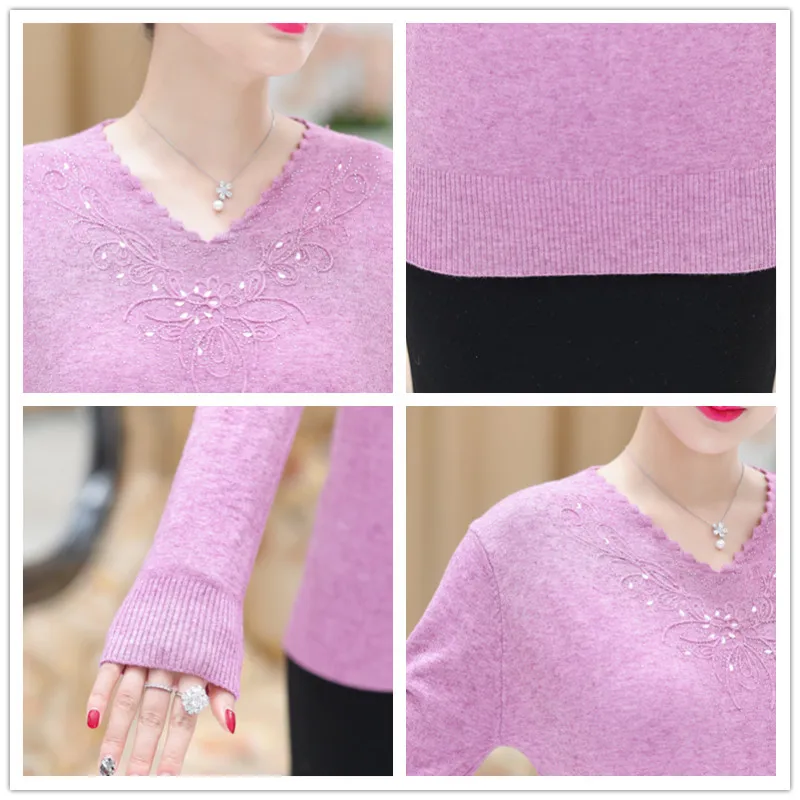 Middle-aged Women Sweaters Pullovers Loose Long-sleeve V-neck Knitted Wool Basic Shirt Diamond Sweater Mother Knitted Tops W1755