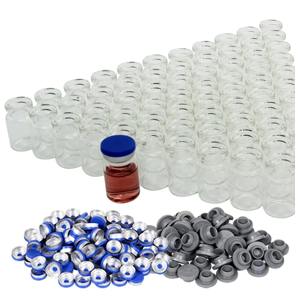 Fiolki z przezroczystego szkła o pojemności 5 ml - 100 sztuk przezroczystych szklanych fiolek z plastikowymi aluminiowymi nakrętkami z klapką i gumowymi zatyczkami, (przezroczyste)