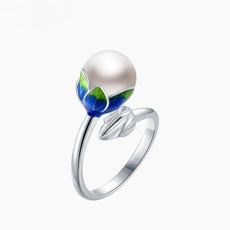 Original design enamel porcelain flower bud freshwater pearl opening adjustable ring Chinese retro charm women's silver jewelry