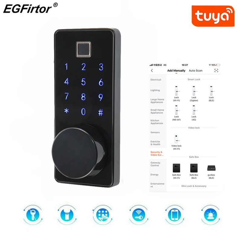 Smart Lock Keyless Entry Bluetooth Fingerprint Reader Touch Screen Keypad Password Unlock Via Gateway Compatible Alexa Google