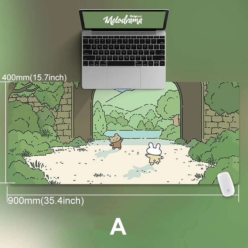 90x40cm Cat and Rabbit HD Thickened Mouse Pad Green Cute Cartoon Animal Personality Oversized Gaming Keyboard Table Mat