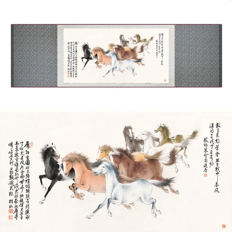 

top quality Chinese Horse silk painting Horse art painting Silk scroll art painting eight horse painting19062703