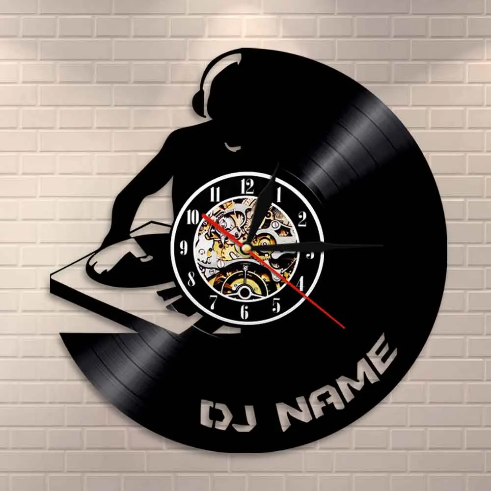 Custom DJ Name Wall Art Decorative Clock Put Your Hands Up DJ Silhouette Retro Music Vinyl Record Hanging Decor For Pub Bar view 2