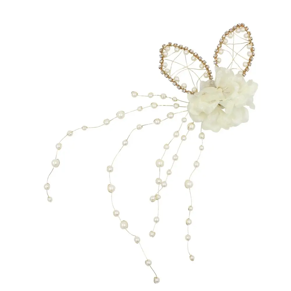 O553 Handmade Rabbit Ear Chains Style Pearl Bridal Hairpins For Side Wedding Fashion Hair Accessories With Chiffon Flowers