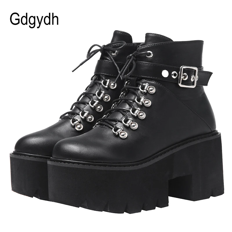 Gdgydh Autumn Winter Chunky Heel Platform Boots Lace-up Black Gothic Boots Women Plush Inside Comfortable Sexy Buckle Footwear