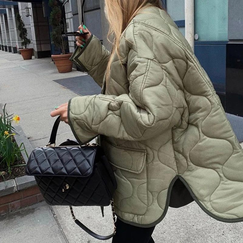 ONEINALL Green Casual Loose Coats For Females V Neck Long Sleeve Flap Pocket Solid Minimalist Winter Coat Women's 2021 New Style