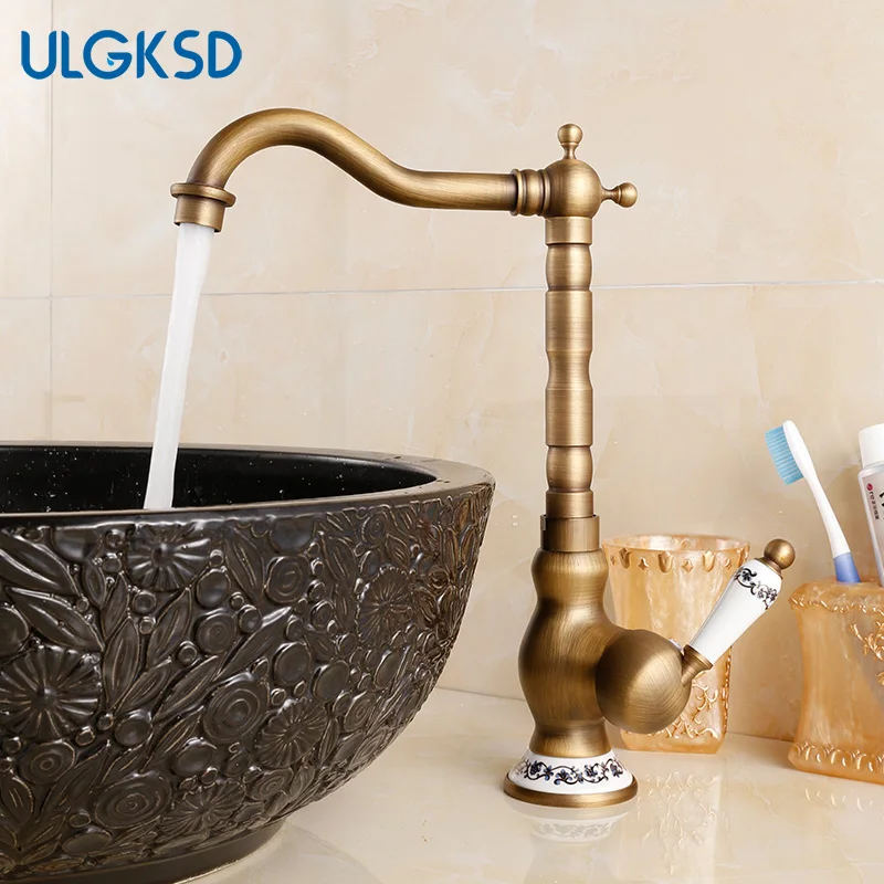 Luxury Retro Bathroom Sink Faucet Antique Brass Basin Faucets Porcelain Ceramic 360 Rotation Torneiras Hot and Cold Mixer Tap