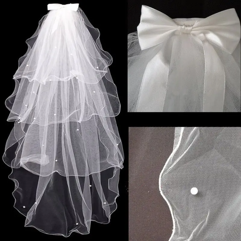 Tulle Wedding Dress White Bowknot Bridal Multi Layer Hair Veil Comb Faux Pearls Bride Fairy Marriage Accessories