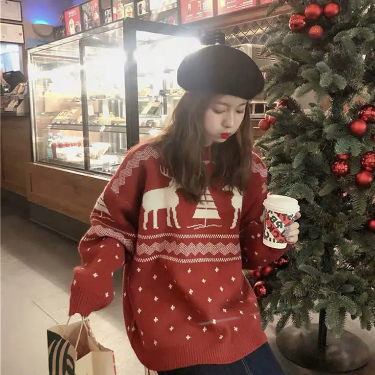 Little Dear Christmas Red Sweater for Women Loose Pullover Woman Sweaters Femme Chandails Pull Hiver