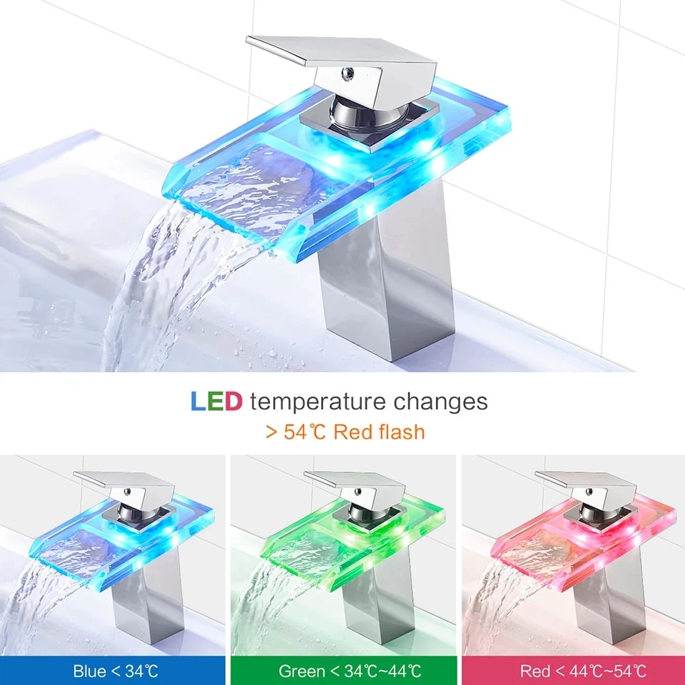 

LED Glass Taps Basin Faucet Brass Waterfall Temperature Colors Change Bathroom Mixer Tap Deck Mounted Wash Sink