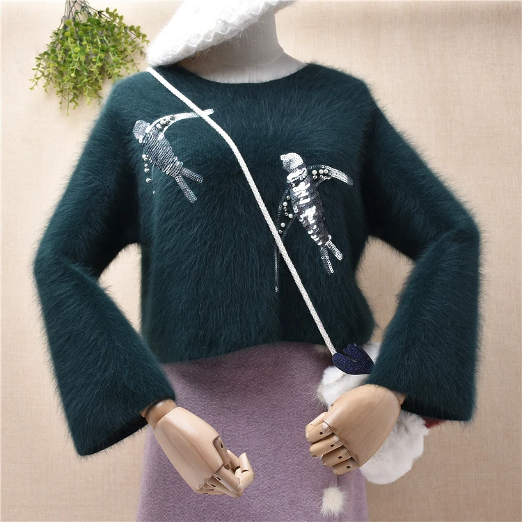

female women hairy plush angora rabbit fur knitted cute bird sequins crop top pullover autumn winter jumper sweater pull tops