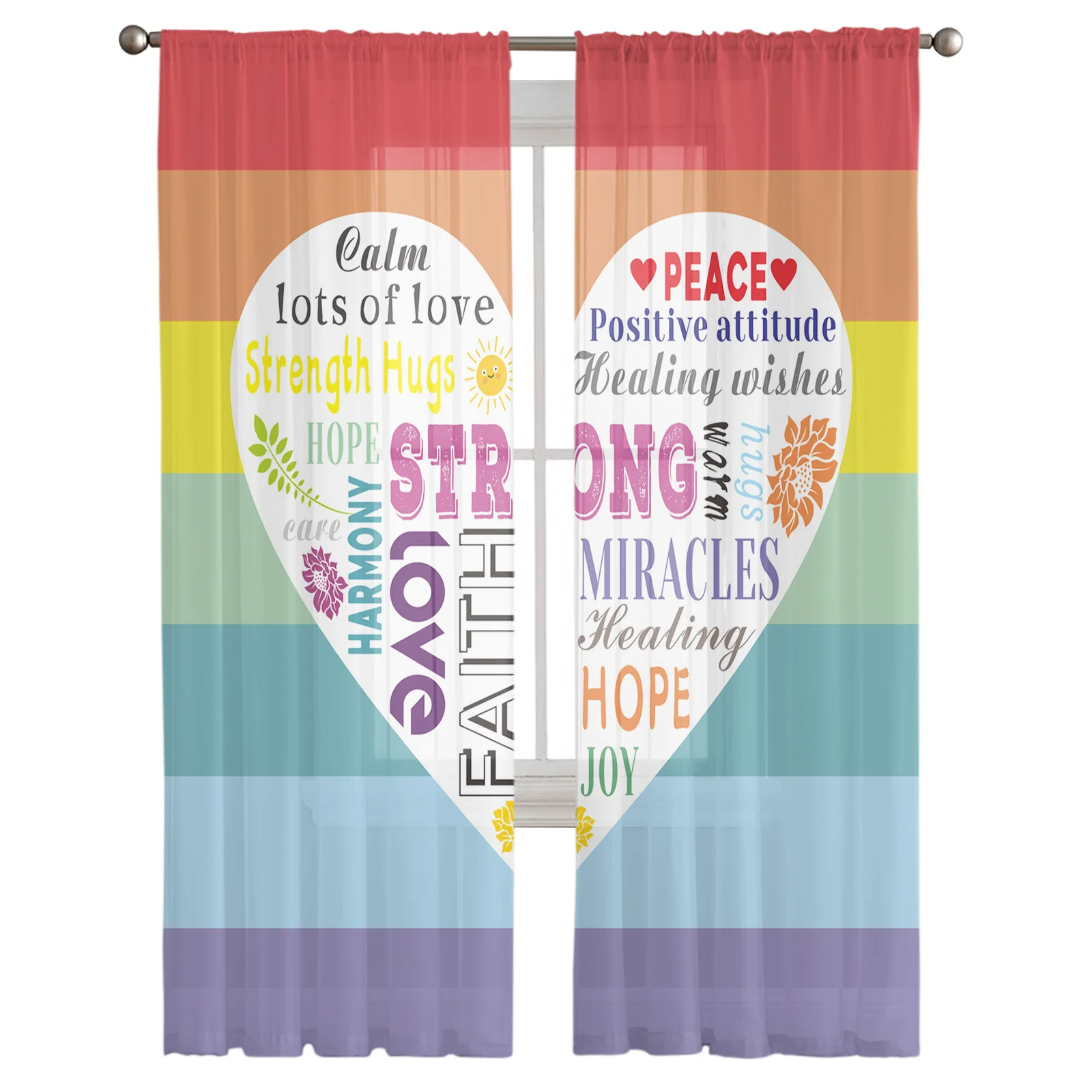 Cure Text Rainbow Stripes Warm Hugs Voile Tulle Sheer Curtains for Bedroom Living Room Kitchen Decor Chiffon Windows Curtain