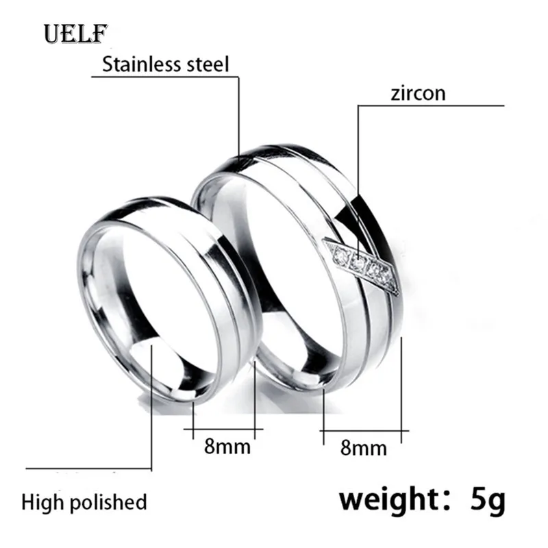 Uelf  Stainless Steel Wedding Ring For Lovers IP SILVER Color Crystal CZ Couple Rings  Men Women Engagement Wedding Rings