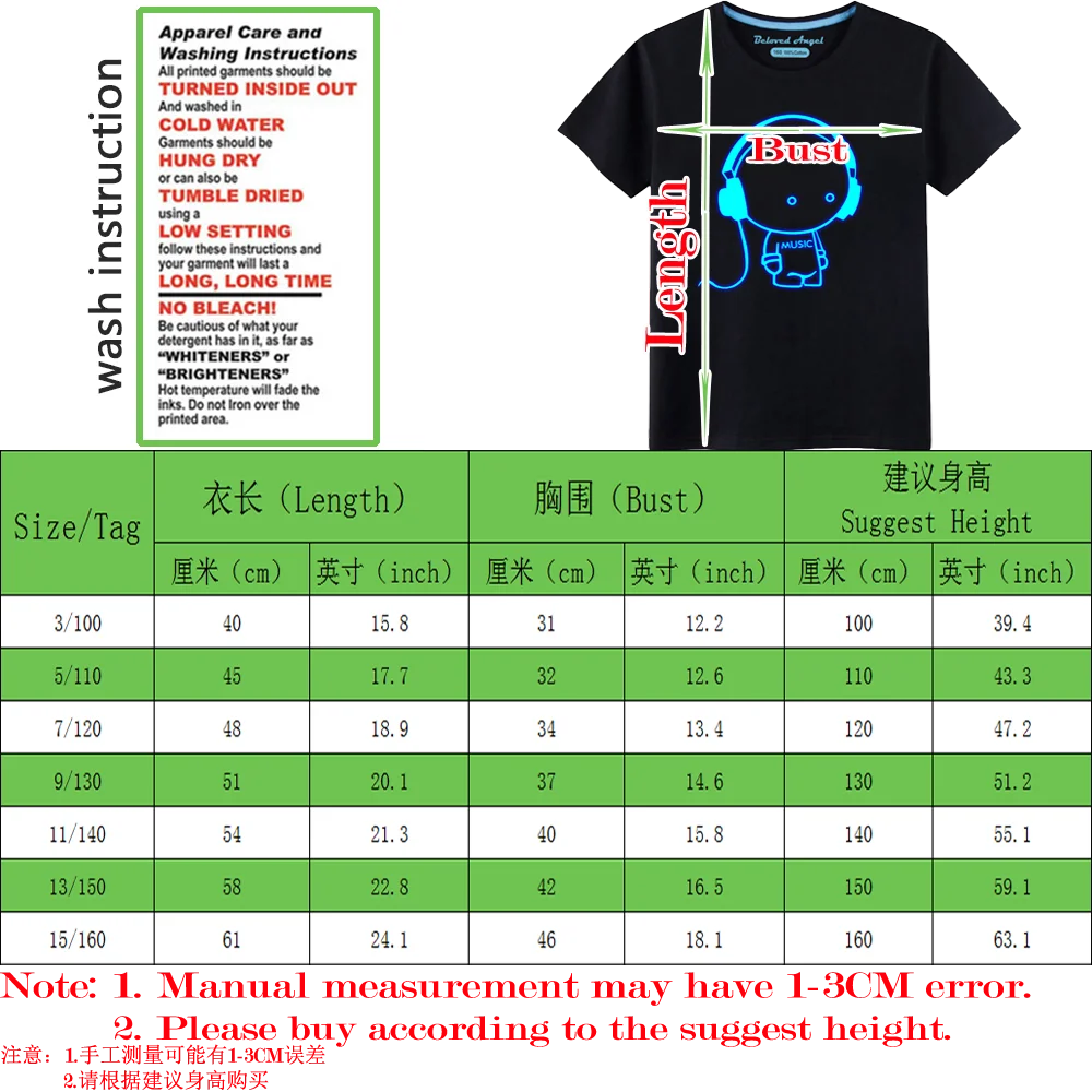 New Fashion Kids Boys T Shirt Funny Printed Luminous Tee Shirts Toddler Girls Tops Baby T-shirts Children Clothing 3-15 Years