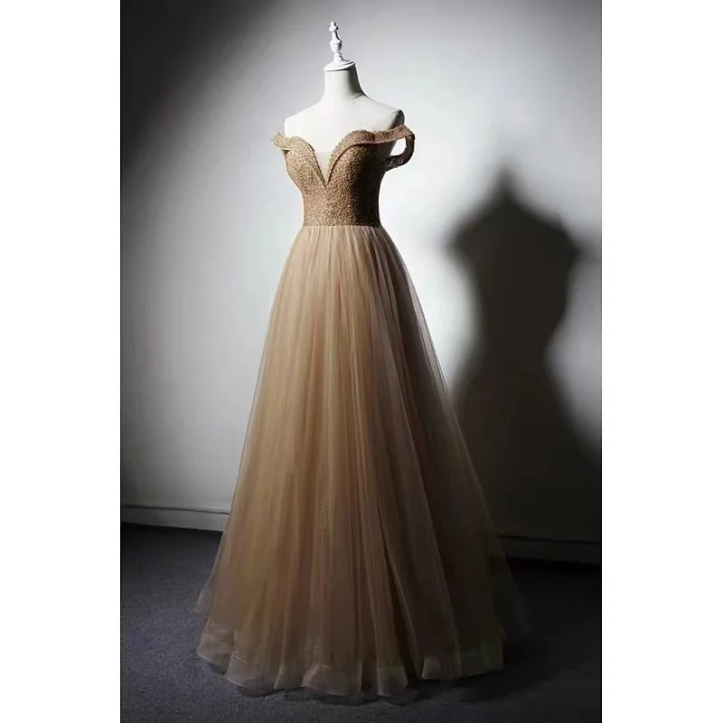 Luxe Gold Prom Dresses A-lijn Pailletten Kralen Sexy V-hals Uit De Schouder Vloer-Lengte Formele Lange Wedding Party Prom gown Nieuwe