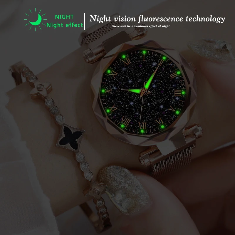 Women's Plush Starry Sky Wristwatches Magnetic Magnet Buckle Quartz Clock Geometric Surface Female Luminous Bracelet Watches